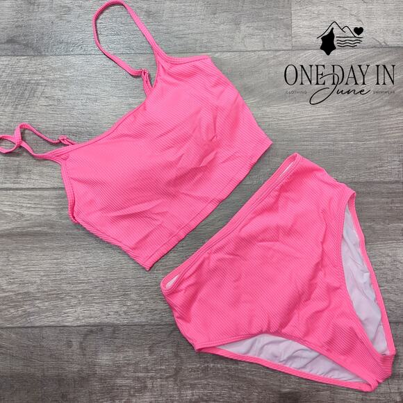 Yonique Ribbed Crop High Waist Bikini Swimsuit Size S - Picture 3 of 7